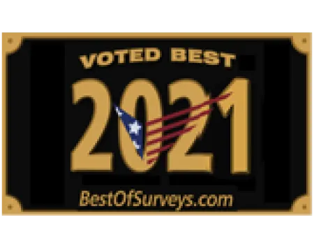 Voted Best 2021 gold emblem badge with American flag design and BestOfSurveys.com text on black background