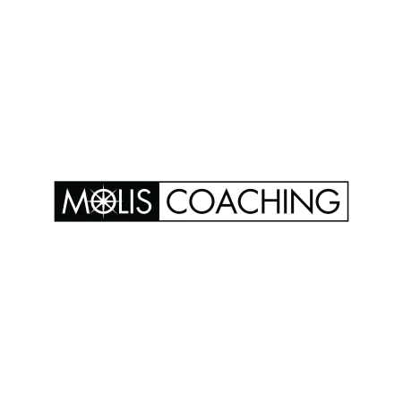 Logo for Molis Coaching with a compass design integrated into the letter O on a black background.