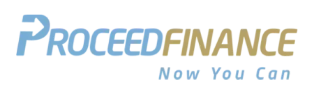 Proceed Finance logo with tagline Now You Can in blue and gold colors on transparent background
