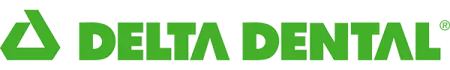 Green Delta Dental logo with stylized delta symbol and bold uppercase text on white background