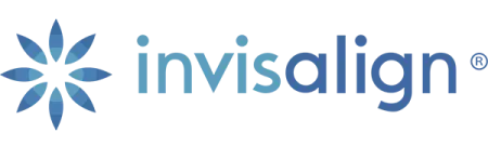 Invisalign logo with blue stylized flower emblem and brand name in gradient blue text on white background