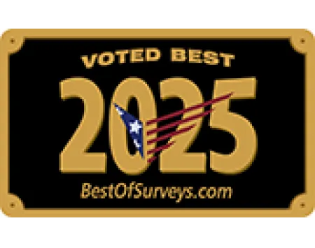 Gold plaque with text Voted Best 2025 and BestOfSurveys.com with patriotic design on black background