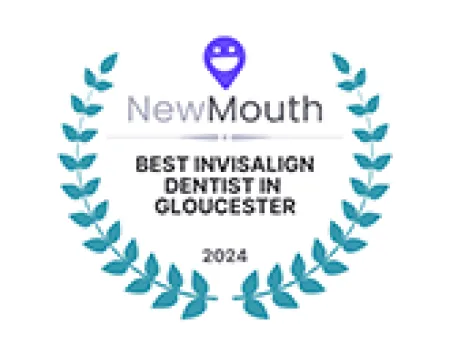 NewMouth award for Best Invisalign Dentist in Gloucester 2024 with laurel wreath design.