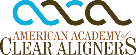 Logo of American Academy of Clear Aligners with blue and brown stylized letters and text.