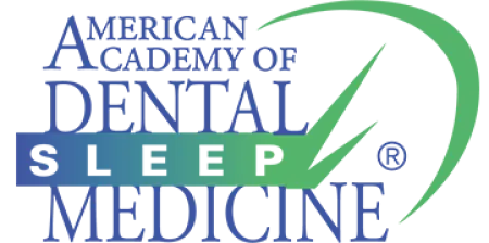Logo of American Academy of Dental Sleep Medicine with blue text and green swoosh design.