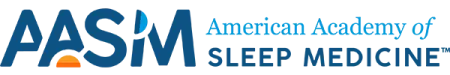 Logo of American Academy of Sleep Medicine with blue text and an orange crescent under the letter A.