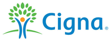 Cigna logo featuring a stylized person with green leaves forming a tree and blue text on a white background.