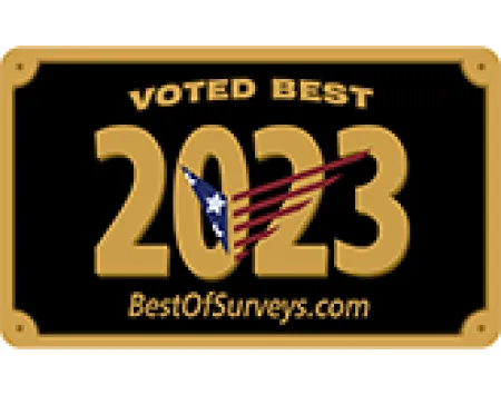 Black and gold badge with text Voted Best 2023 and BestOfSurveys.com featuring a stylized American flag.