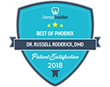 Blue badge award for Dr. Russell Boberick, DMD, Best of Phoenix Patient Satisfaction 2018 by Dental Insider