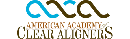 Logo of American Academy of Clear Aligners with stylized blue and brown lettering and design elements.