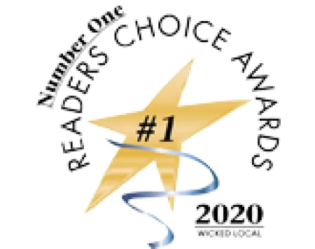 #1 Reader's Choice Awards 2020 gold star logo with swirling ribbon and website text
