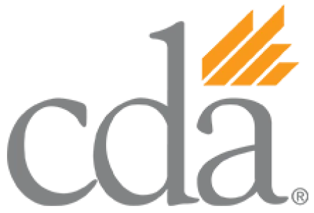 CDA logo with lowercase gray letters and orange abstract design in the top right corner