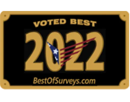 Voted Best 2022 award badge with gold text and blue star design on black background