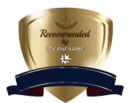 Gold shield badge with blue ribbon reading Recommended by LoginFarm, featuring decorative emblem.