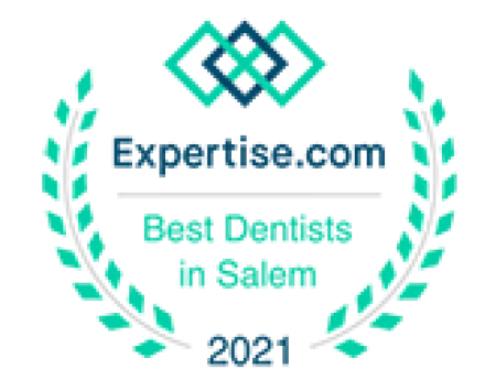 Expertise.com badge displaying Best Dentists in Salem 2021 award with laurel wreath design.