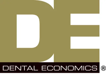 Dental Economics logo with large gold DE letters and black banner text below on white background