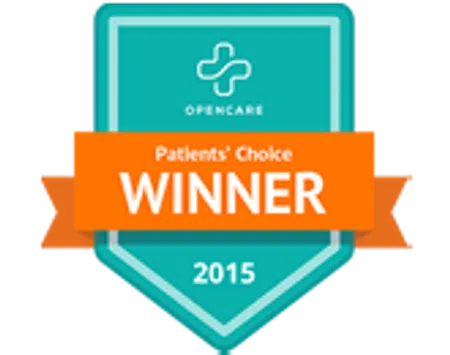 OpenCare 2015 Patients' Choice Winner badge with teal shield and orange ribbon