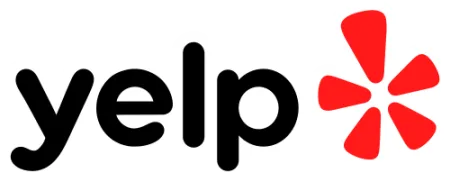 Yelp logo with black lowercase letters and a red burst symbol on a transparent background.