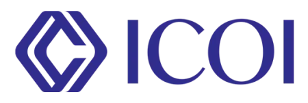 ICOI logo in dark blue with a hexagonal geometric icon and bold uppercase letters.