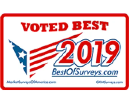 Voted best 2019 badge with red, white, and blue patriotic design and website URLs.