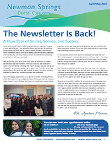 Newman Springs DentalCare newsletter announcing newsletter return with team photos and dental care tips.