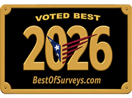 Black and gold plaque with 2026 and a patriotic emblem, labeled Voted Best by BestOfSurveys.com