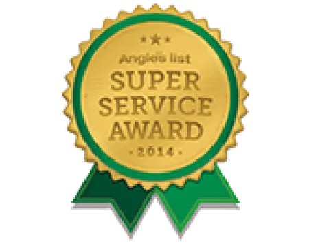 Gold and green badge for Angie's List Super Service Award 2014 with ribbon and star accents