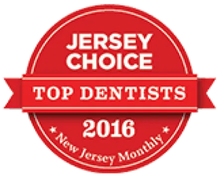 Red circular badge for Jersey Choice Top Dentists 2016 by New Jersey Monthly magazine.