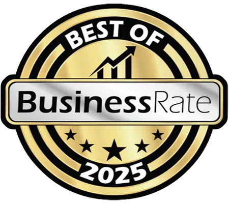 Gold and black Business Rate Best of 2025 award badge with upward graph and stars
