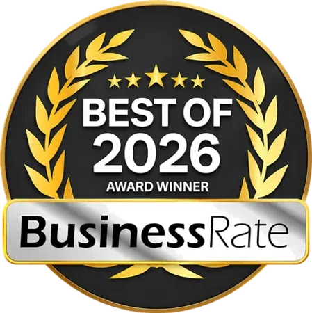 Gold laurel wreath and stars with BusinessRate Best of 2026 Award Winner badge in black and gold