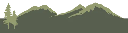 Green silhouette of mountains and pine trees against a transparent background.