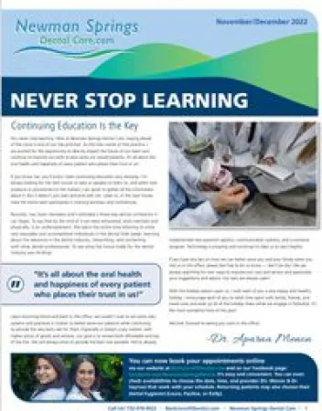Newman Springs Dental Care flyer promoting continuous dental education and patient happiness with doctor and nurse images.