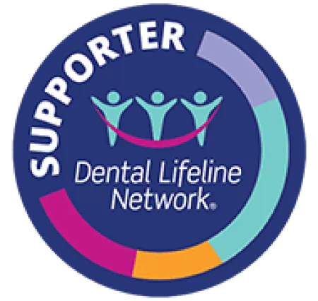 Supporter badge for Dental Lifeline Network with three figures and multicolor circular design.