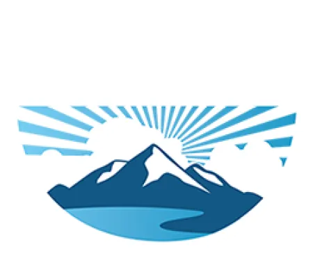 Big Sky Dental Clinic logo with stylized mountain, sunburst, and river in blue and white colors.