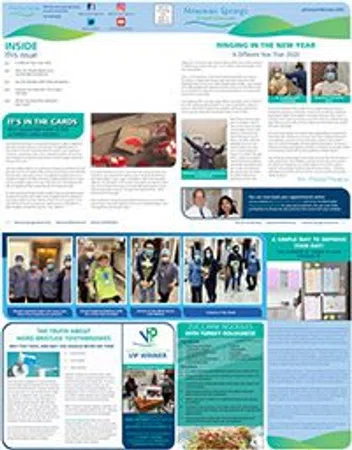 Community newsletter page featuring local stories, photos of people wearing masks, and informational sections.