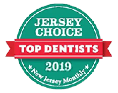 Jersey Choice Top Dentists 2019 badge awarded by New Jersey Monthly magazine with green and red design.