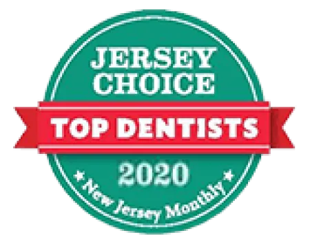 Jersey Choice Top Dentists 2020 award badge by New Jersey Monthly with green and red design