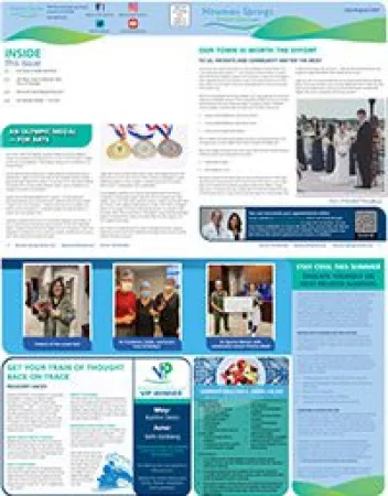 Community newsletter with environmental tips, event photos, and local updates in a colorful layout.