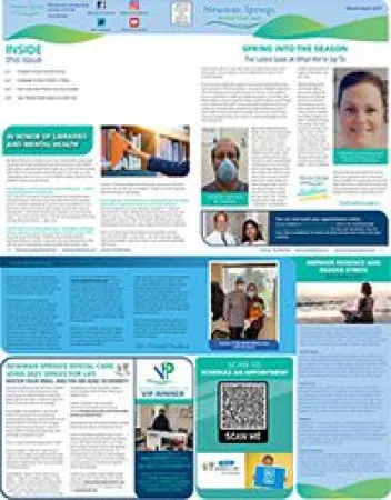Healthcare brochure with sections on patient info, safety tips, and community health services featuring photos of staff and patients.