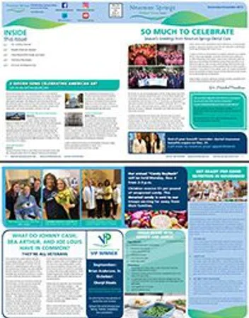 Newsletter page with photos of community events, healthcare workers, and wellness tips in a green and blue layout.