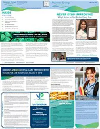 Informational newsletter about healthcare improvements, dental care, and community health services with staff photos.