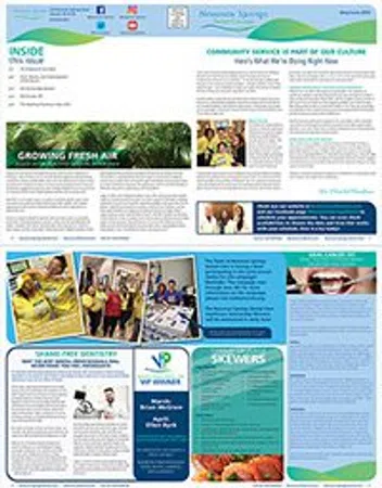 Informative health newsletter page with articles, images of people, nutrition tips, and medical advice sections.