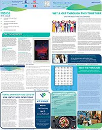 Community newsletter featuring health tips, event highlights, word search puzzle, and diverse group illustration.