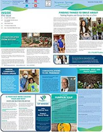 Health and community newsletter featuring COVID-19 updates, stories, recipes, and wellness tips in a colorful layout.