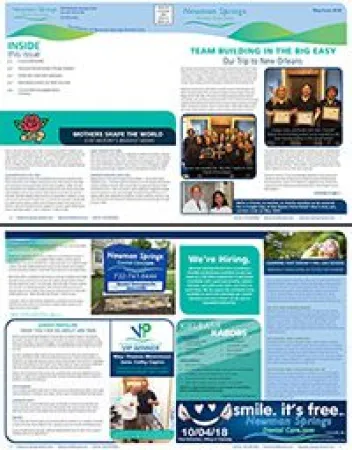 Newsletter page featuring team photos, event updates, healthcare notices, and personalized spring sign images.