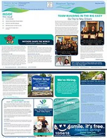 Community newsletter with team awards, local health services, volunteer opportunities, and free dental care ad.