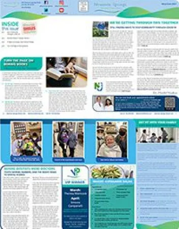 Community health newsletter featuring articles, photographs of people, and health program information.