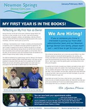 Newman Springs Dental Care newsletter with first year reflections, hiring announcement, and patient photos.