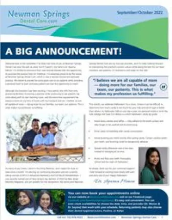Newsletter page titled A Big Announcement from Newman Springs Dental Care Sept-Oct 2022 with photos of smiling people.
