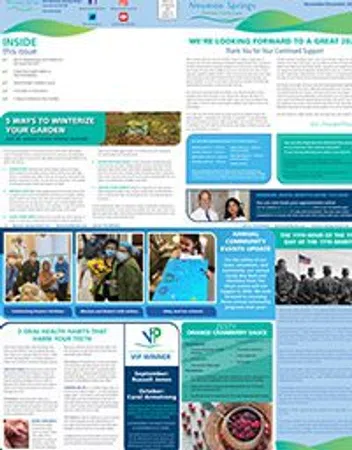 Community newsletter featuring garden maintenance tips, local events, and veteran support information with related images.